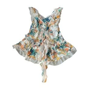 Anthropologie Womens XS Floral Lace Trim Ruffle Hem Top